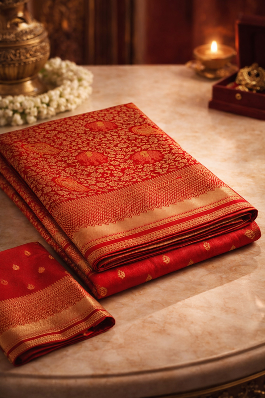 Classic Banarasi Pattu Saree in Rich Red with Antique Gold Zari