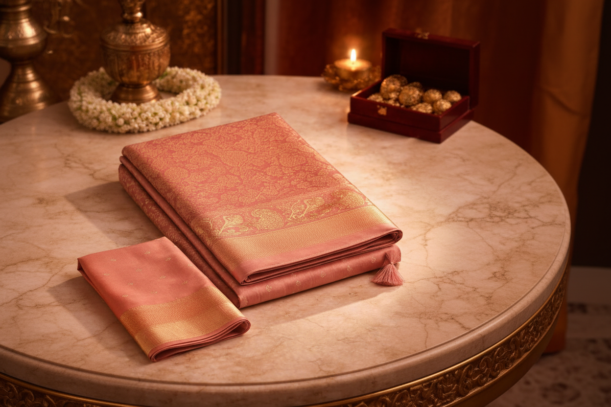 Peach Rose Banarasi Pattu Saree with Peacock & Floral Gold Zari Weave