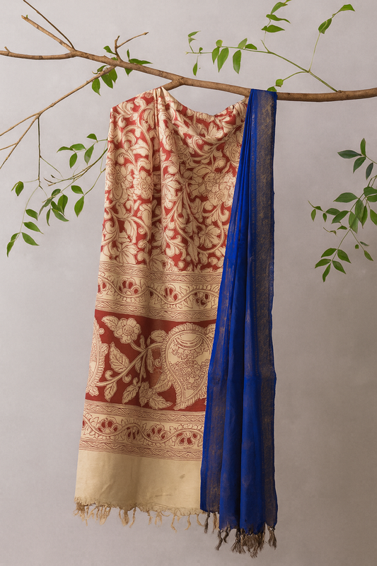 Handcrafted Kalamkari Dupatta in Maroon & Beige with Blue Woven Border