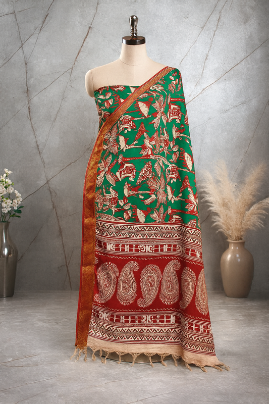 Kalamkari Handcrafted Dupatta in Emerald Green & Rust Red with Bird and Paisley Motifs