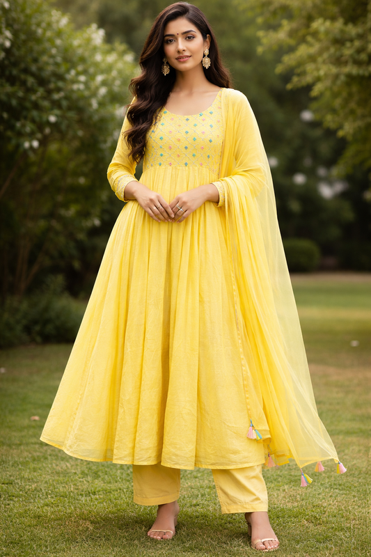 Yellow Mull Cotton Anarkali Set with Dupatta