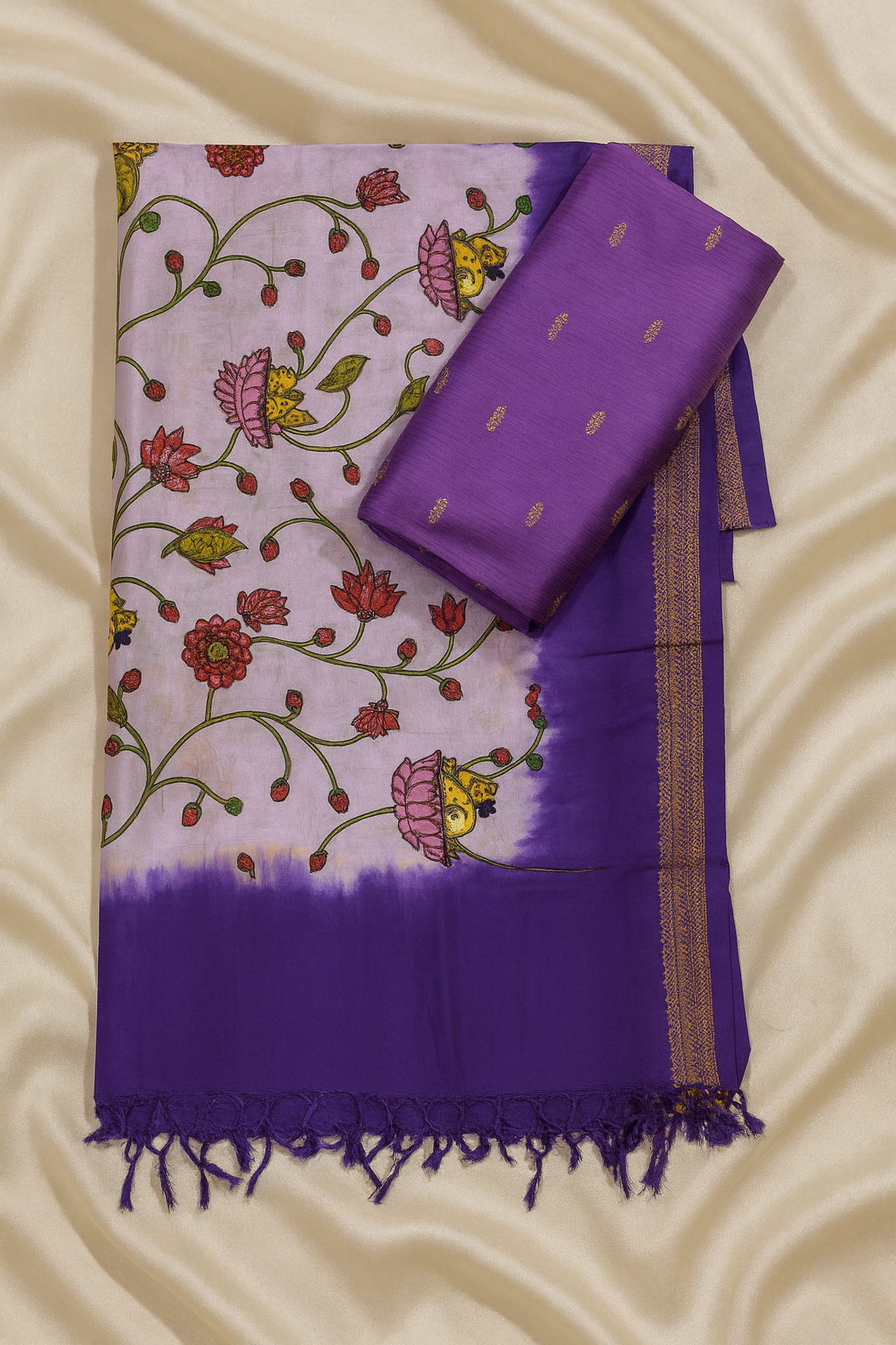 Lavender Purple Raw Silk Fabric with Hand-Painted Kalamkari Dupatta
