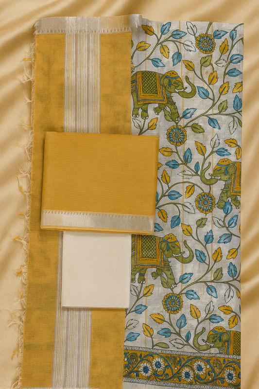 Mangalgiri Cotton Dress 3 Piece set Material with Elephant-Print Dupatta
