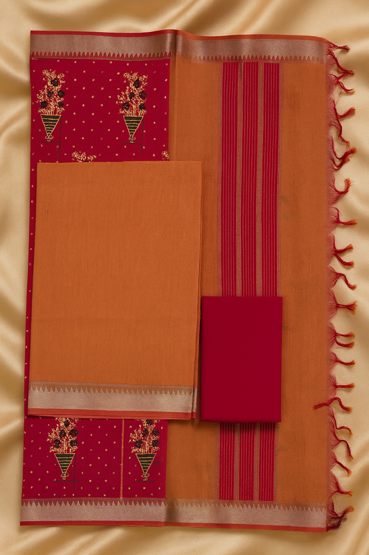 Mangalgiri Cotton Dress 3 Piece set Material with Printed Dupatta – Maroon & Rust
