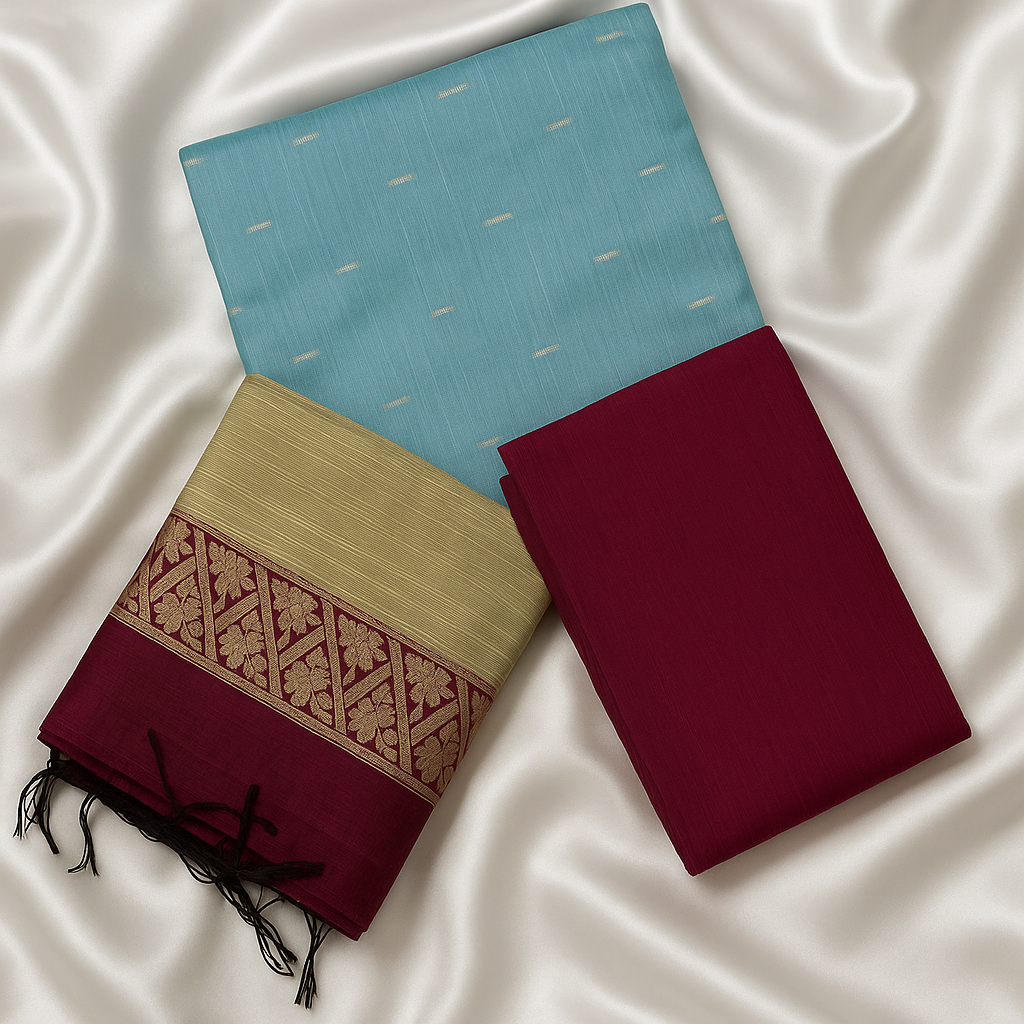 Sky Blue & Maroon Raw Silk 3-Piece Unstitched Suit Set