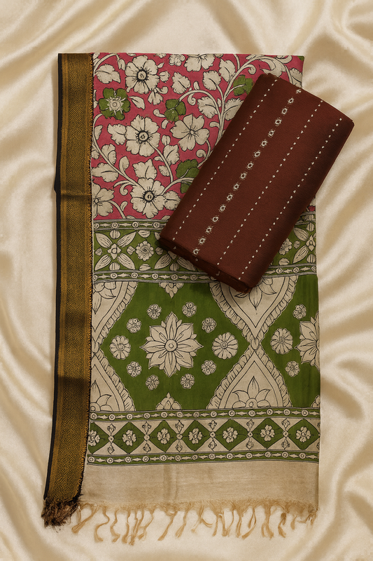 Maroon Raw Silk Fabric with Floral Kalamkari Dupatta