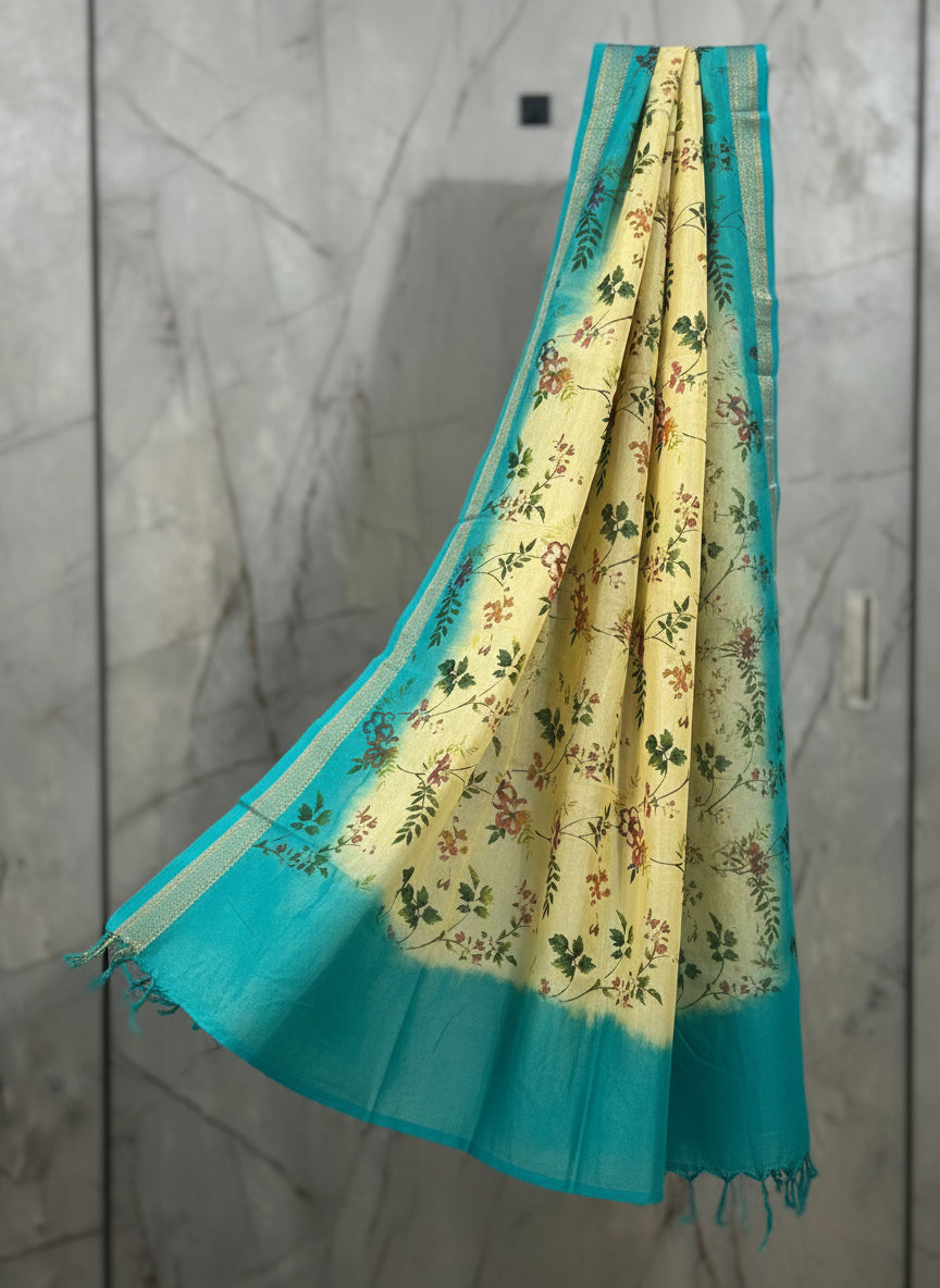 Elegant Floral Kalamkari Dupatta with Contrast Turquoise Border