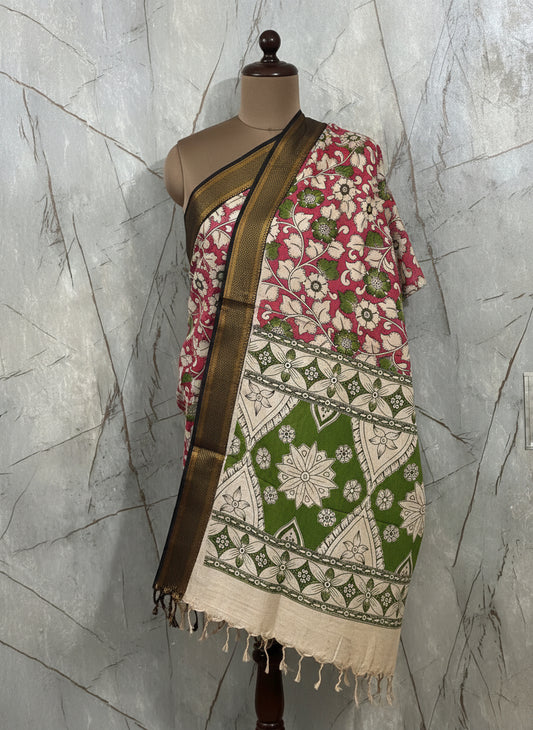 Kalamkari Cotton Dupatta with Red Floral Pattern & Green Geometric Border