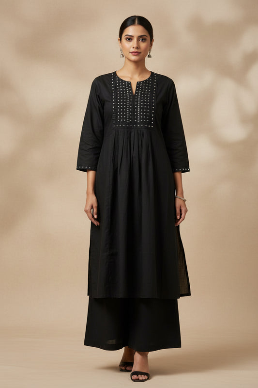 Black Embroidered Cotton A-Line plazo Set umbrella top and bottom