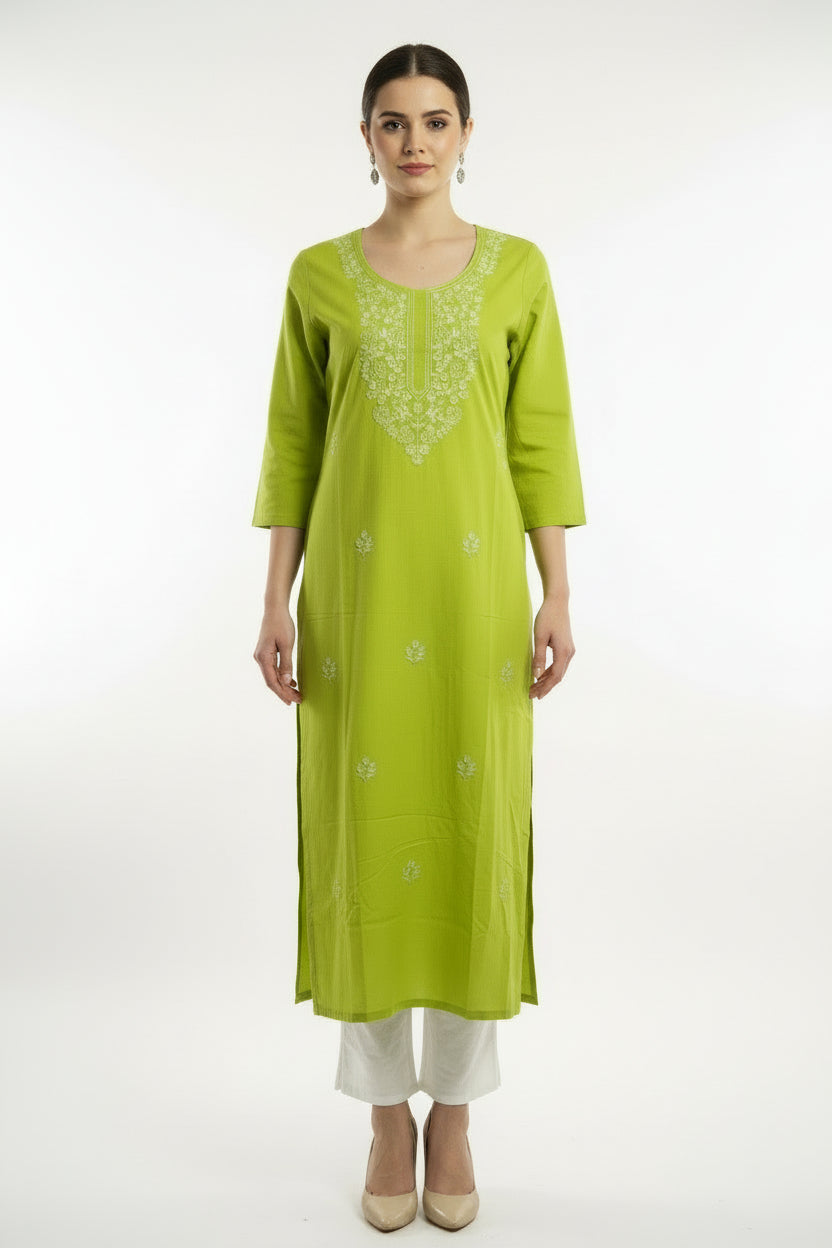 Lime Green Embroidered rayon Straight Kurta with white bottom