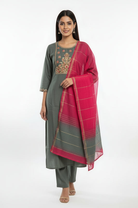 Olive Rayon Kurta Set with Embroidered Yoke & Pink Woven Dupatta