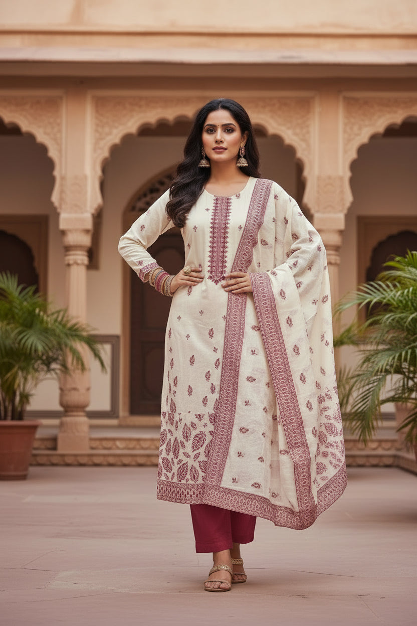 Ivory Cotton Kurta Set with Maroon Handblock Print Dupatta