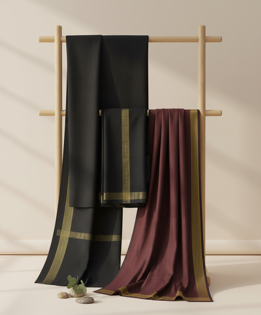 Elegant Maroon & Black Cotton Fabric 3 Piece Set