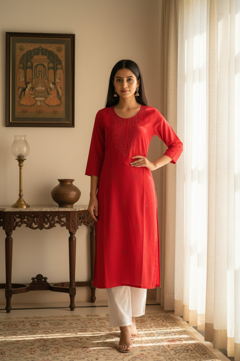 Red Embroidered rayon Kurti with 3/4 Sleeves and white bottom