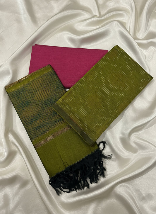 Olive Green & Rani Pink Pochampally Sico Suit Set