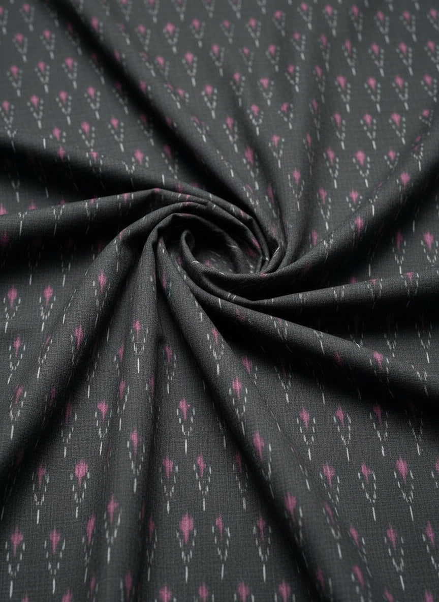 Premium Charcoal Grey & Pink Ikat Cotton Fabric