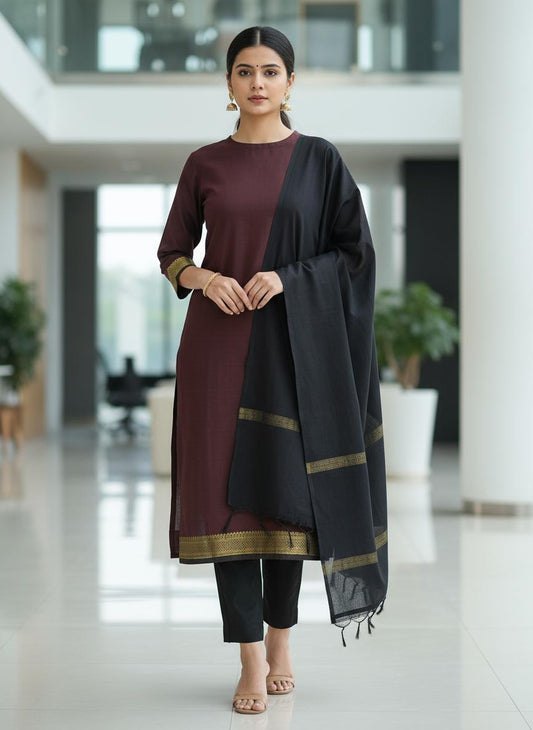 Elegant Maroon & Black Cotton Fabric 3 Piece Set