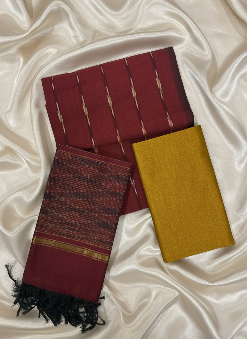 Maroon & Mustard Pochampally Sico Suit Set