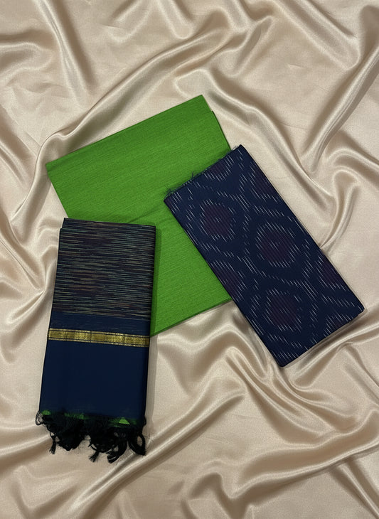 Navy Blue & Parrot Green Pochampally Sico Suit Set