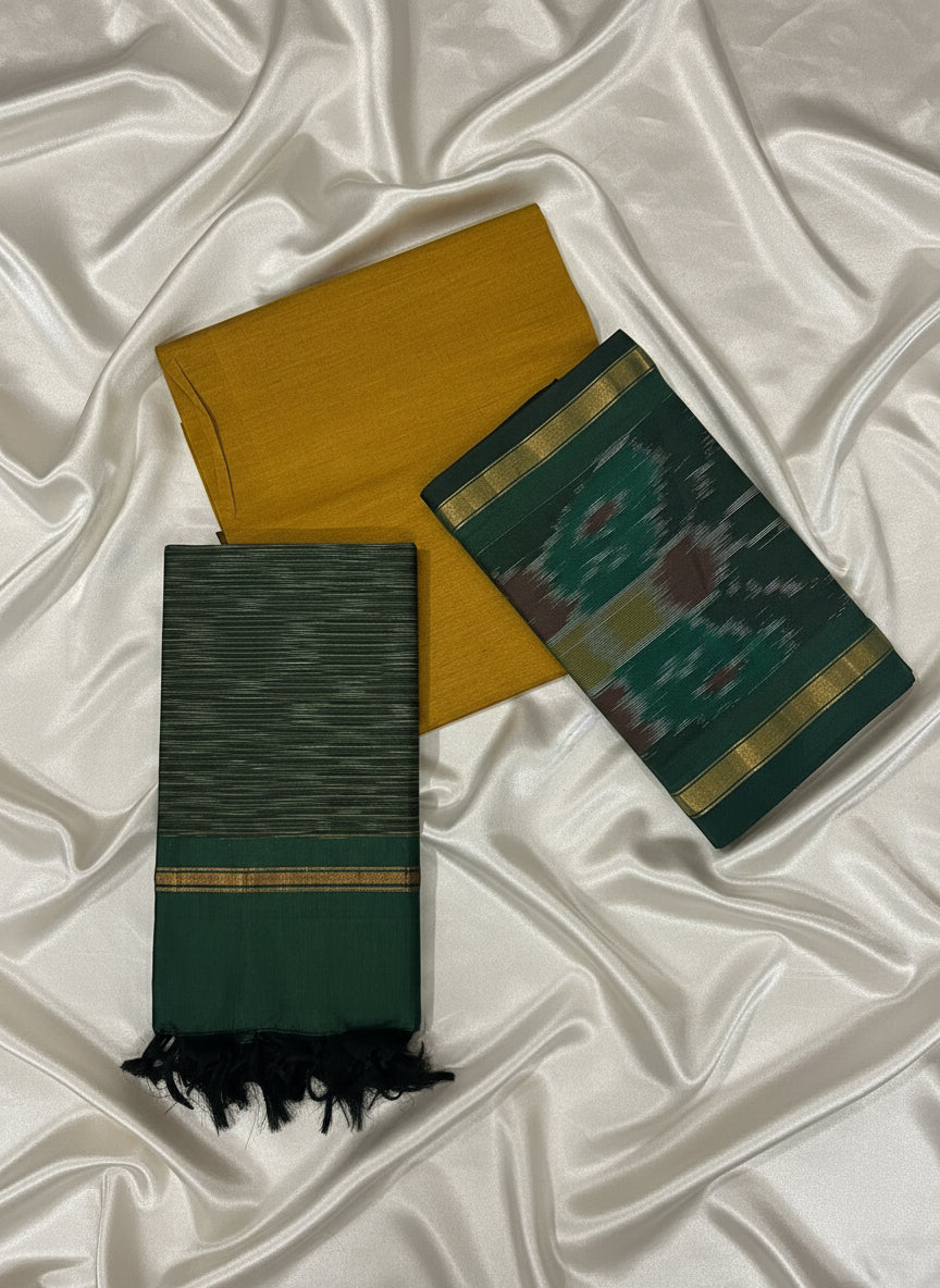 Bottle Green & Mustard Pochampally Sico Suit Set