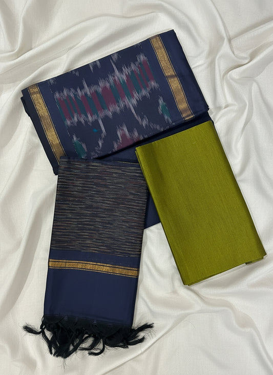 Navy Blue & Olive Green Pochampally Sico Suit Set