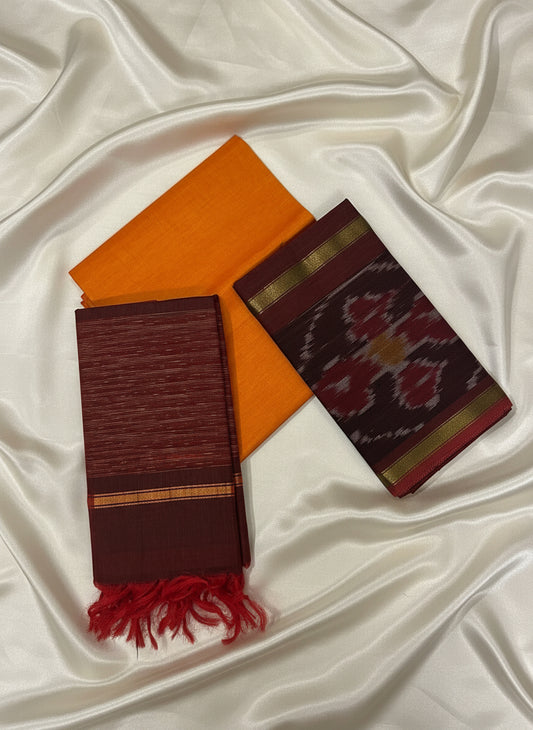 Maroon & Orange Pochampally Sico Suit Set