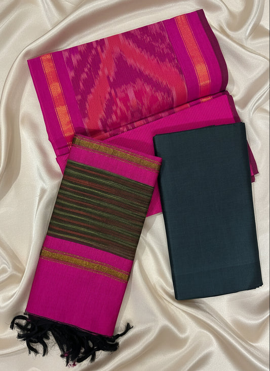 Hot Pink & Charcoal Grey Pochampally Sico Suit Set