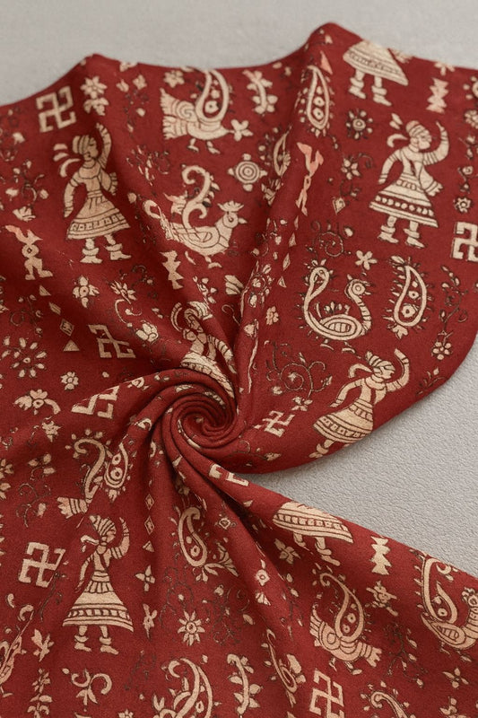 2.5mts Kalamkari Cotton Cloth – Red Ethnic Warli & Swastika Print Fabric