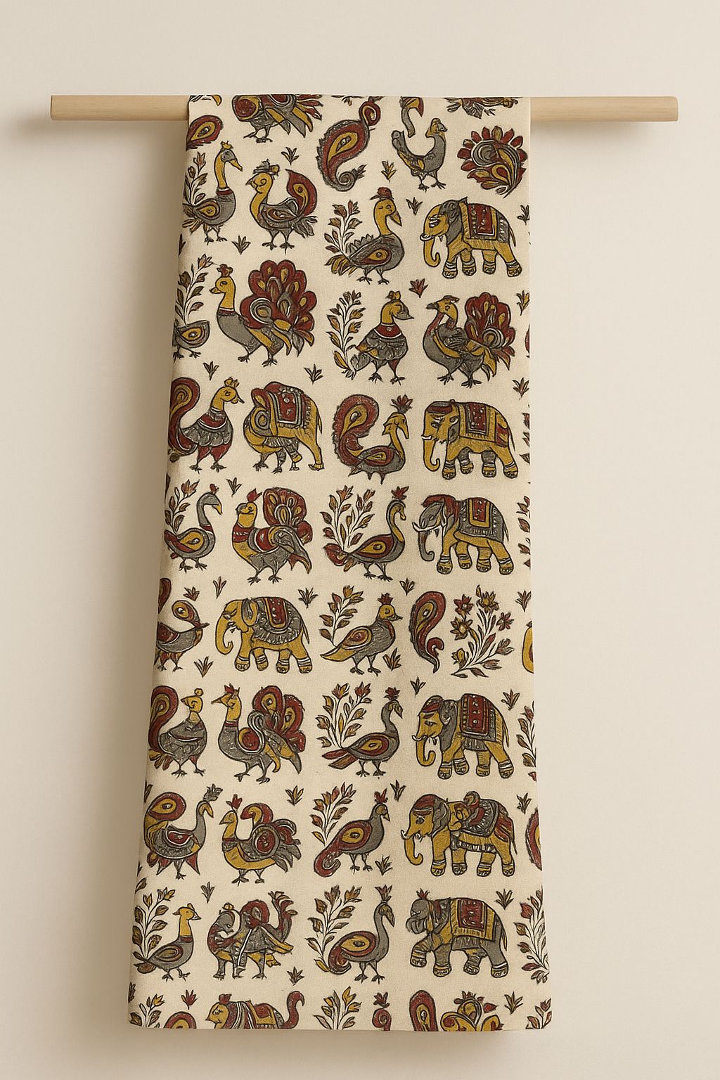 2.5mts Kalamkari Cotton Cloth – Elephant & Bird Traditional Print Fabric