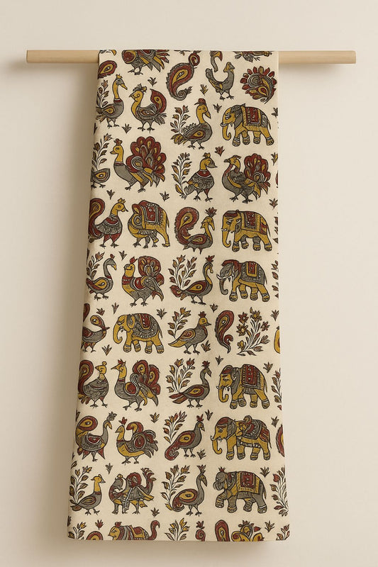 2.5mts Kalamkari Cotton Cloth – Elephant & Bird Traditional Print Fabric