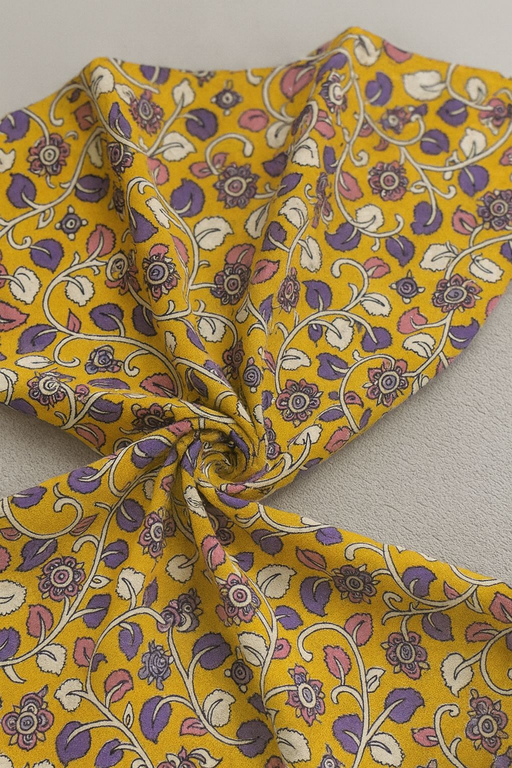 2.5mts Kalamkari Cotton Cloth – Yellow Floral Leaf Print Fabric
