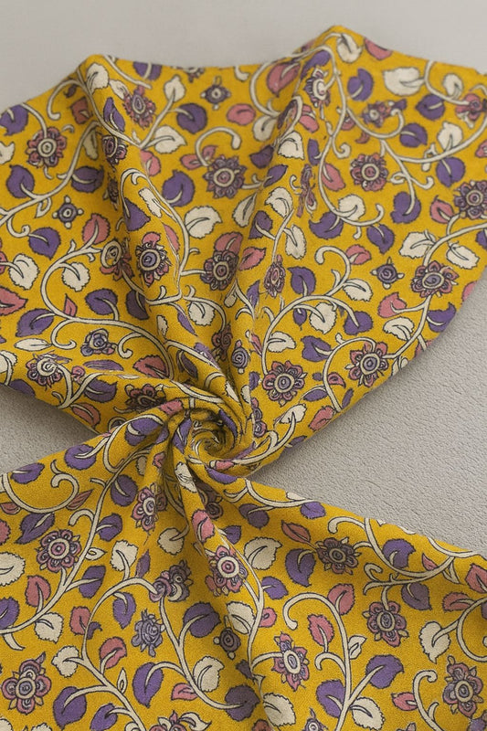 2.5mts Kalamkari Cotton Cloth – Yellow Floral Leaf Print Fabric